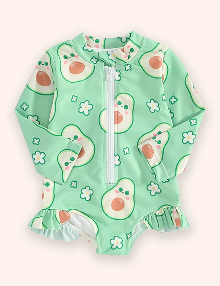 Fruit Print Long Sleeve Zip-up Swimsuit