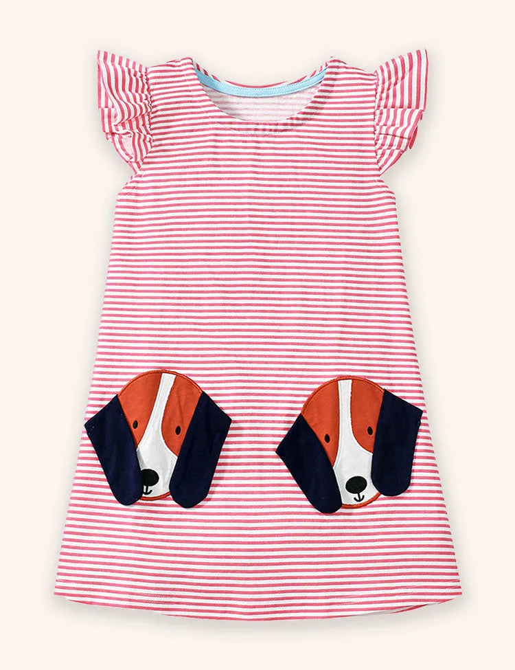 Puppy Embroidered Striped Dress