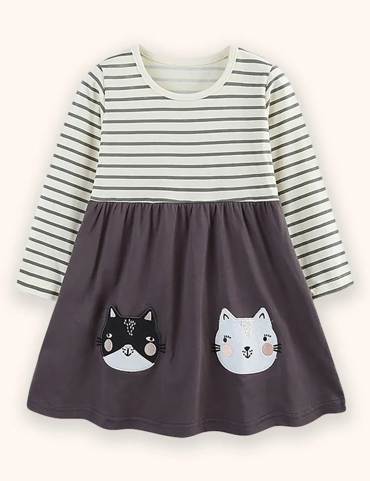 Kitten Applique Striped Dress