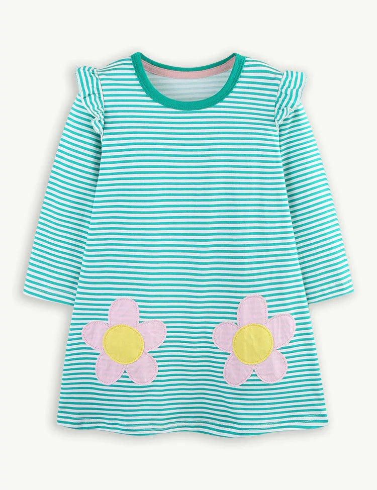 Flower Appliqué Striped Dress