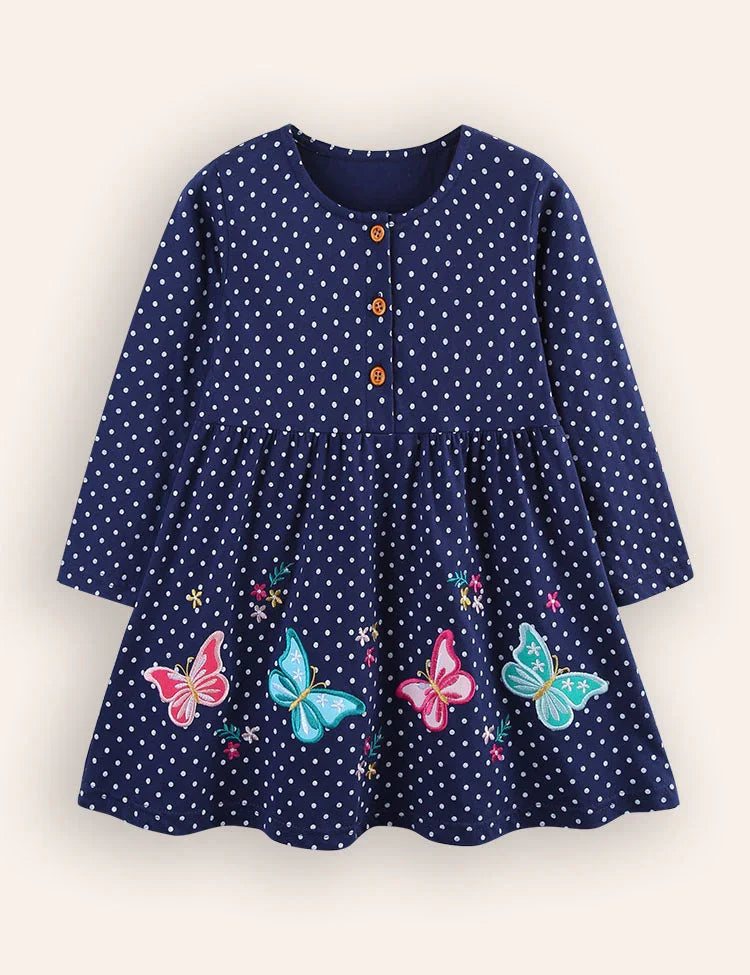 Blue Butterfly Appliqué Button Front Dress