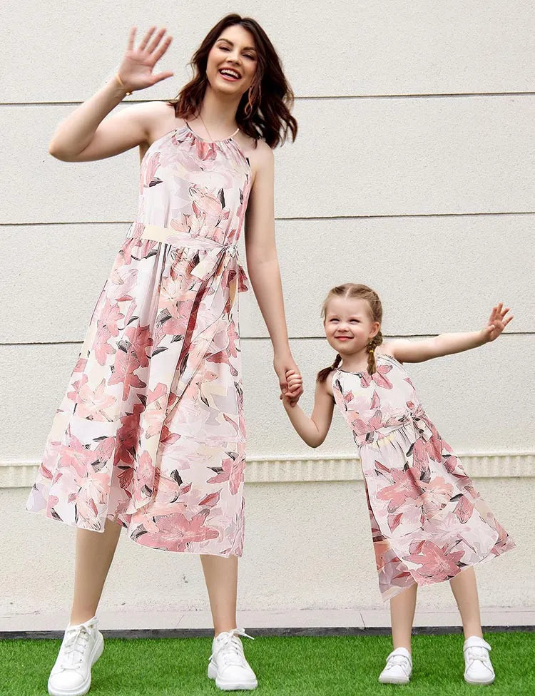 Mom&Me Neck Strap Vacation Floral Dress