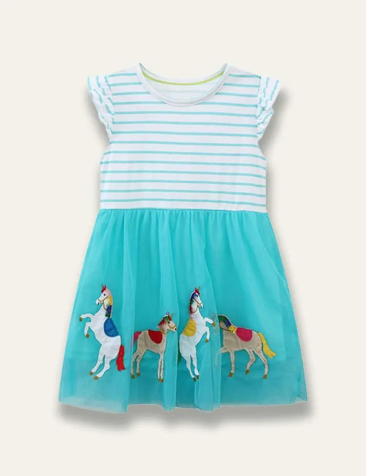 Horse Embroidered Striped Tulle Dress - Mini Taylor