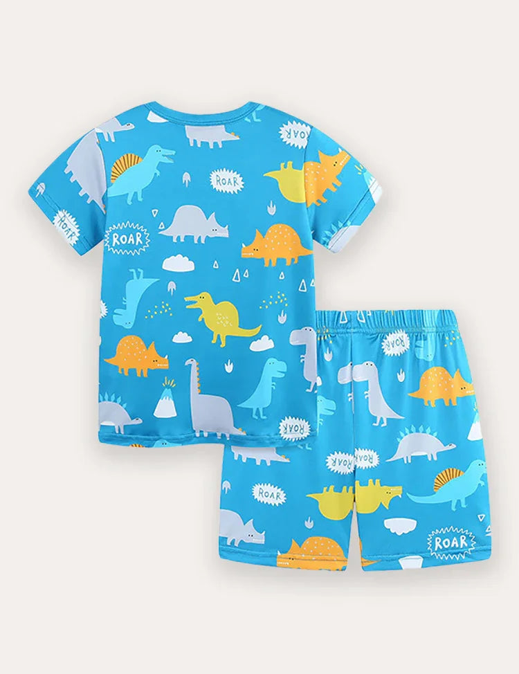 Cartoon Dinosaur Print Short Sleeve T-Shirt and Shorts Set