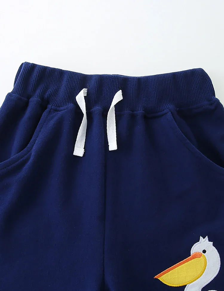 Cartoon Pelican Embroidered Cotton Shorts