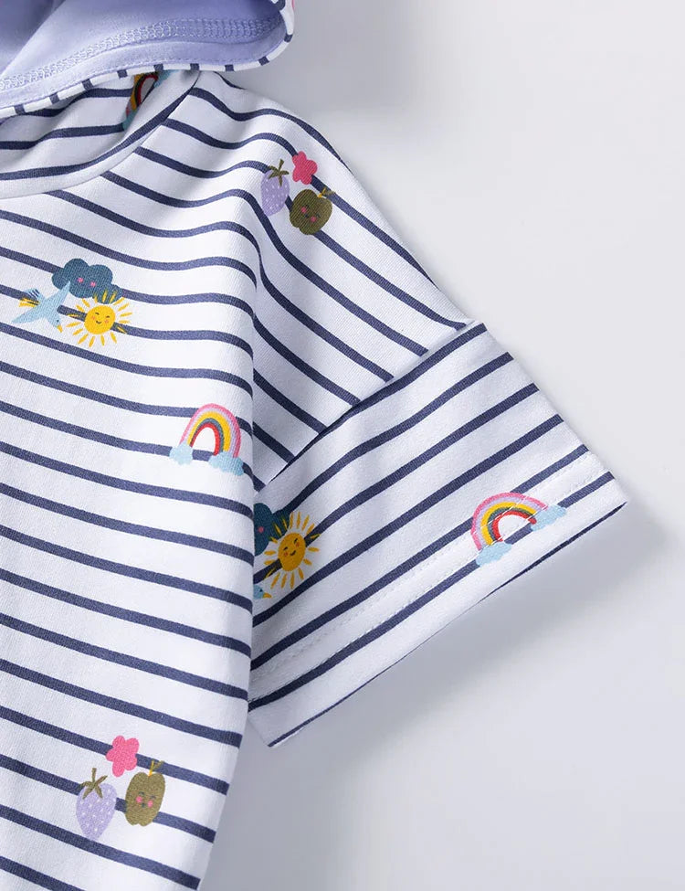 Striped Printed Hooded Short Sleeve T-Shirt