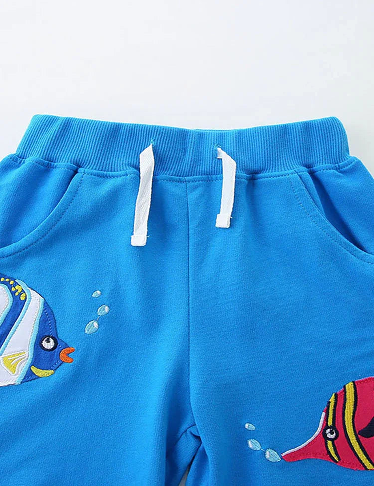 Fish Embroidered Cotton Shorts