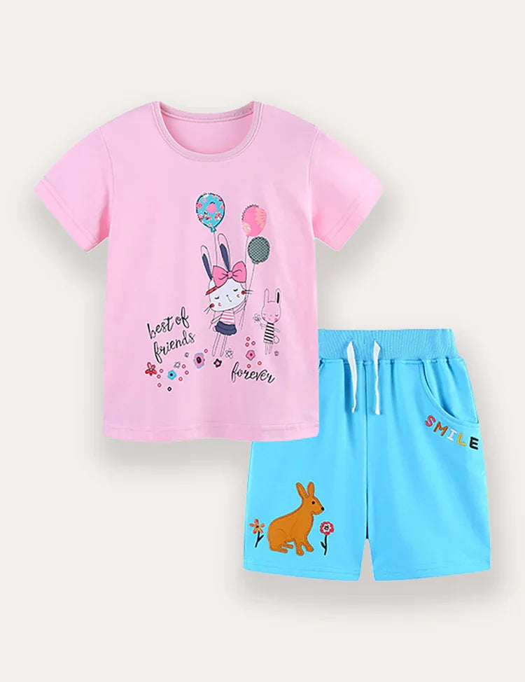 Rabbit Balloon Print T-Shirt and Shorts Set