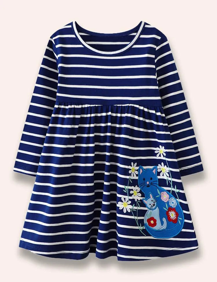 Floral Cat Appliqué Striped Dress - Mini Taylor