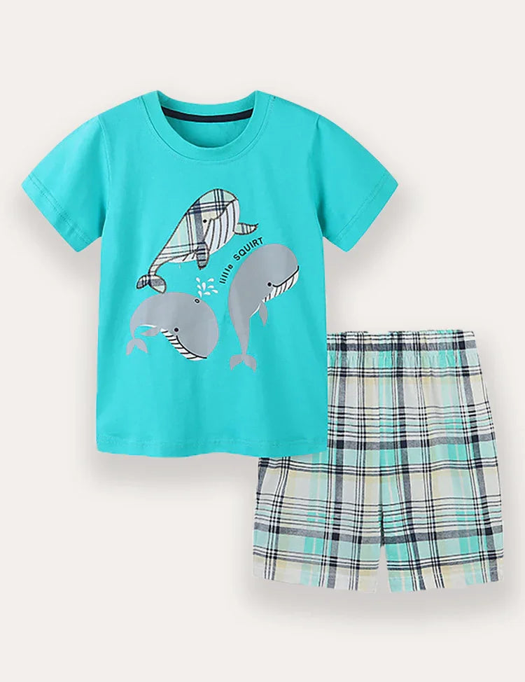 Whale Plaid Print T-Shirt and Shorts Set