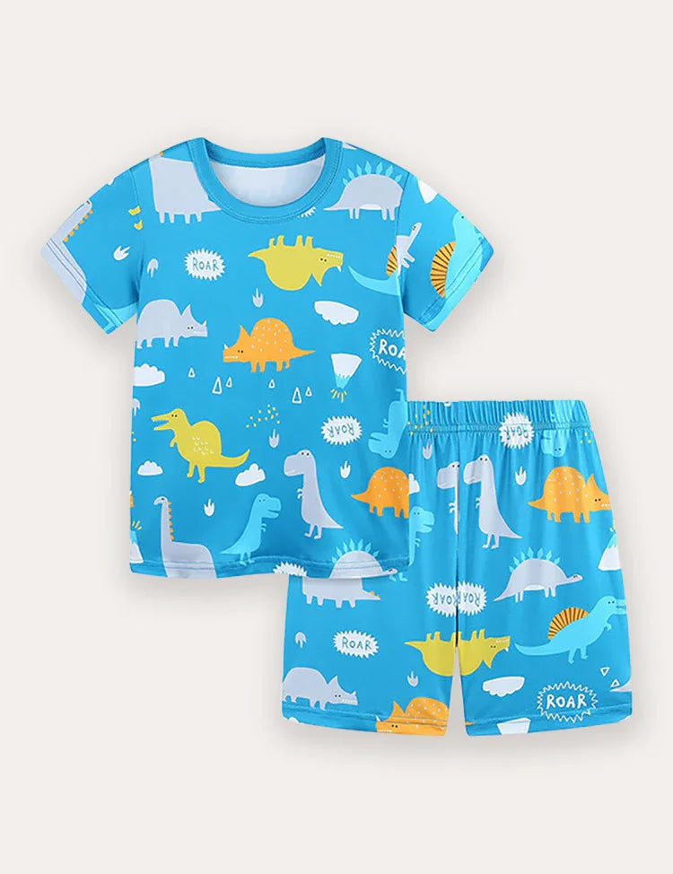 Cartoon Dinosaur Print Short Sleeve T-Shirt and Shorts Set