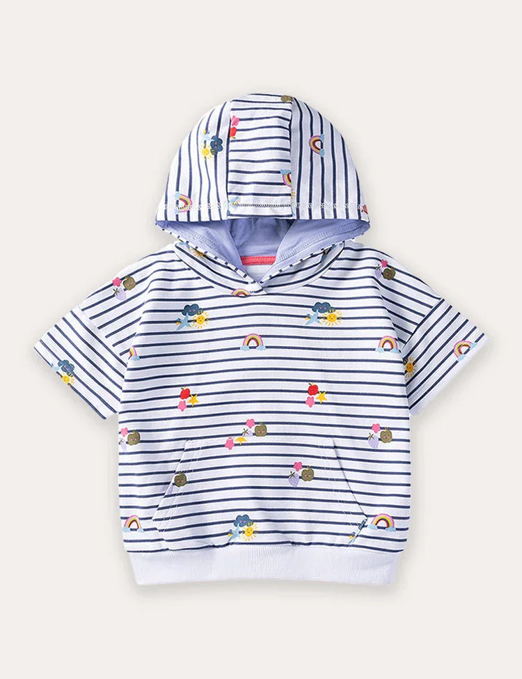 Striped Printed Hooded Short Sleeve T-Shirt