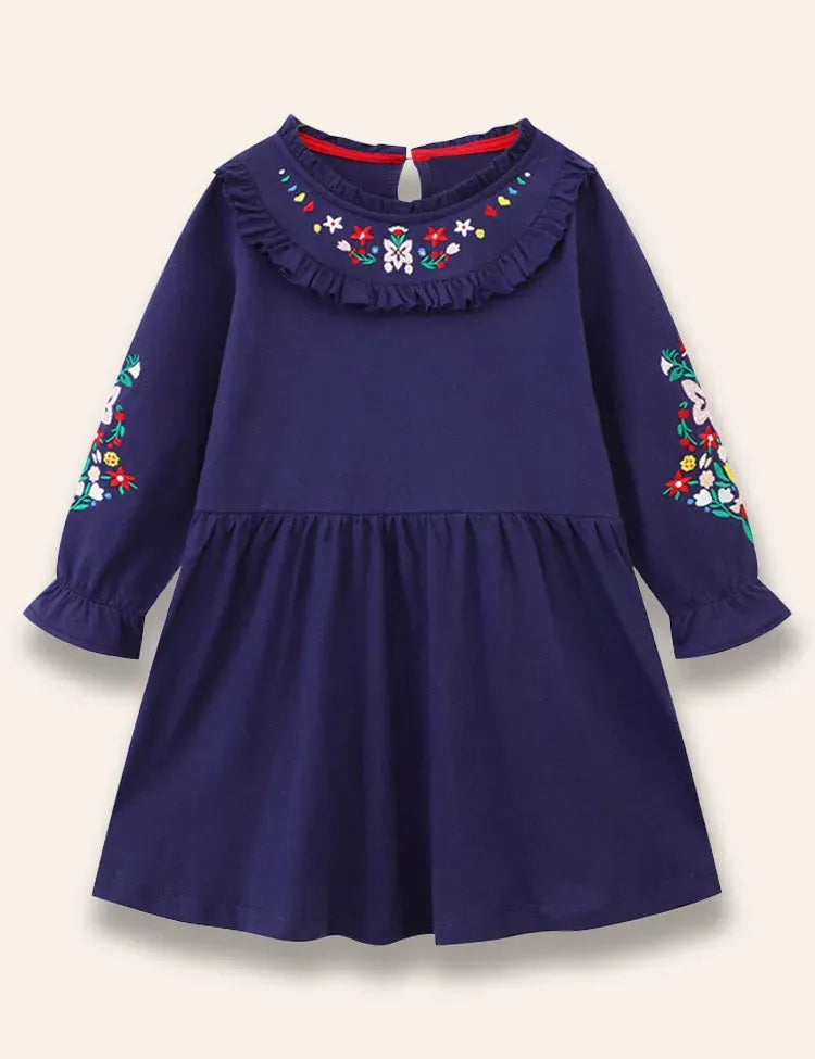 Flower Embroidered Ruffled Dress