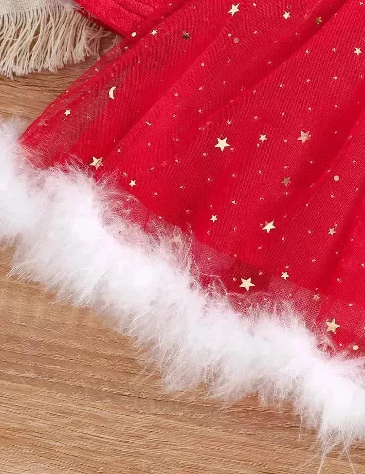 Christmas Long Sleeve Star Tulle Party Dress Set