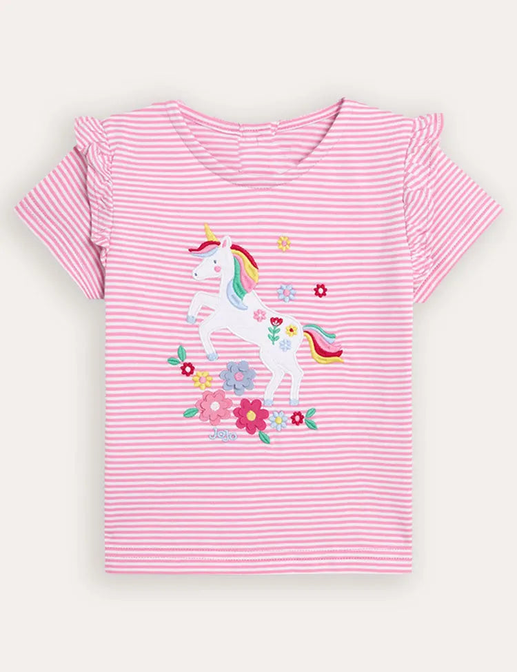 Fuchsia Pink Unicorn Appliqué Frill Shoulder T-Shirt