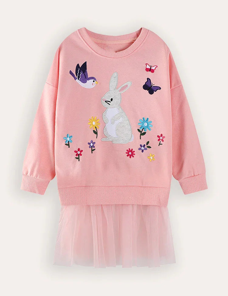 Rabbit Bird Embroidery Long Sleeve Sweater Dress