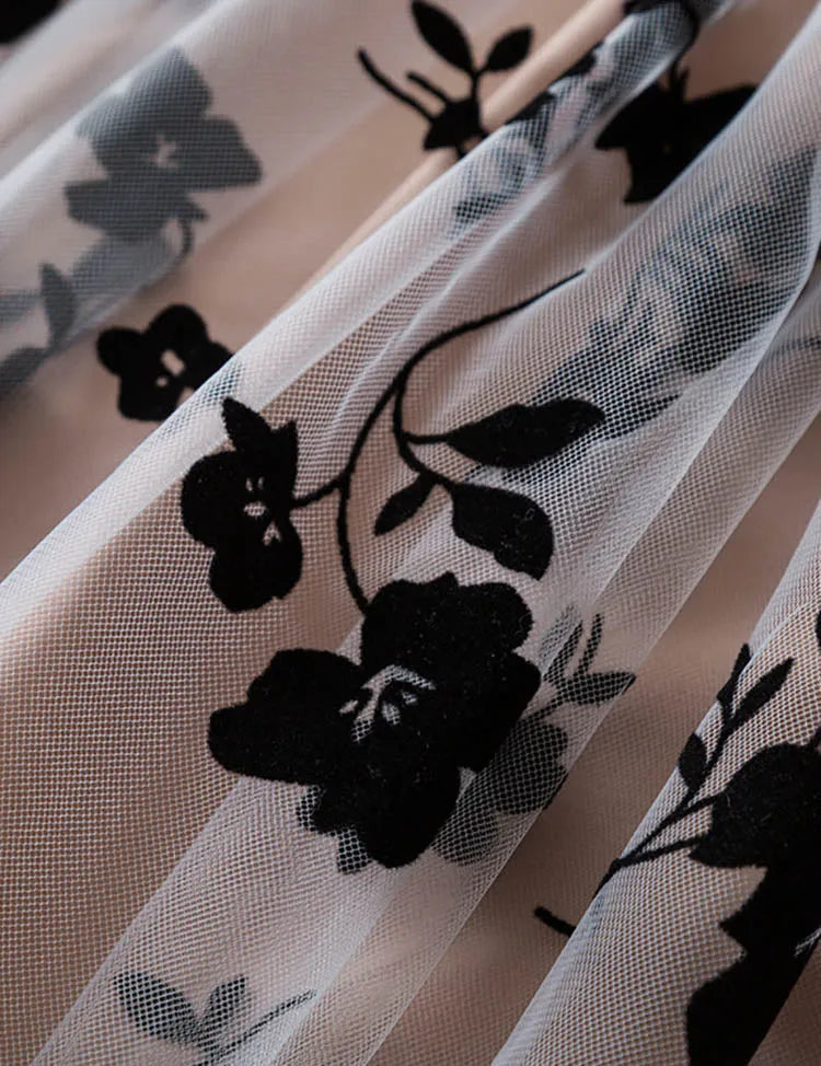 Flower Embroidered Fly-sleeved Tulle Dress