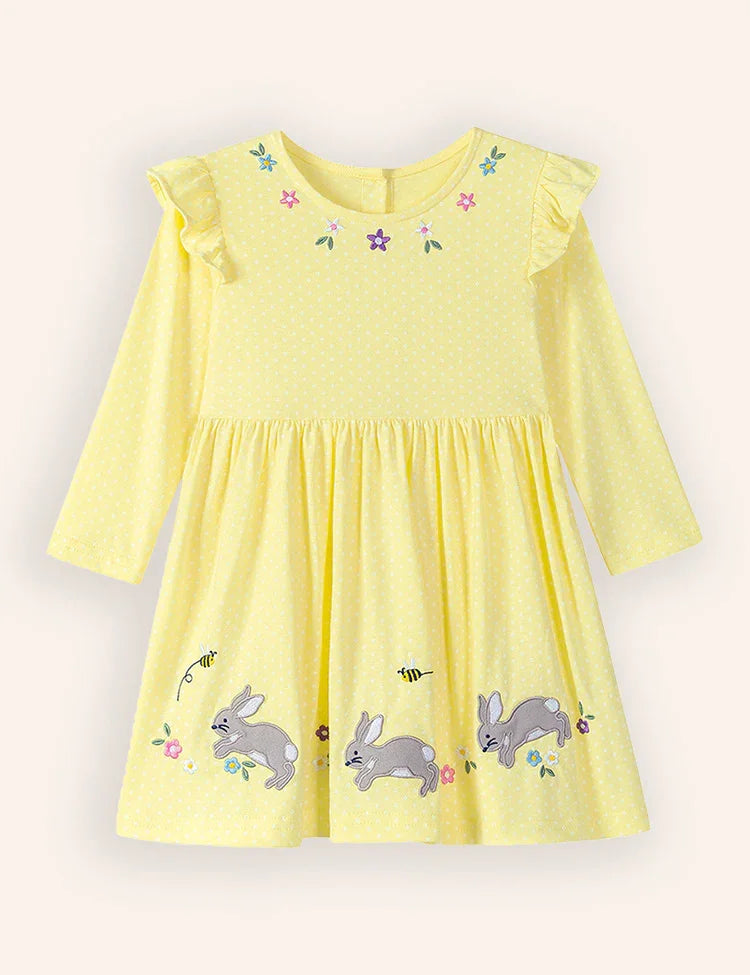 Floral Bunnies Appliqué Long Sleeve Dress
