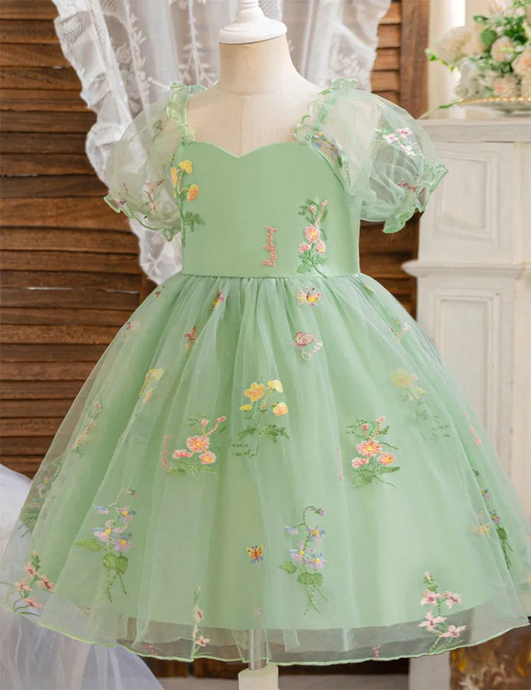 Bubble Sleeve Flower Embroidery Tulle Party Dress