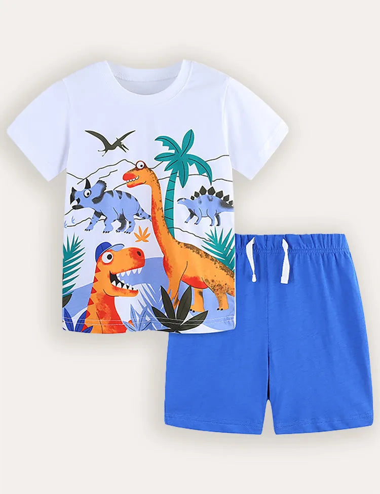 Cartoon Dinosaur Print Short Sleeve T-Shirt and Shorts Set