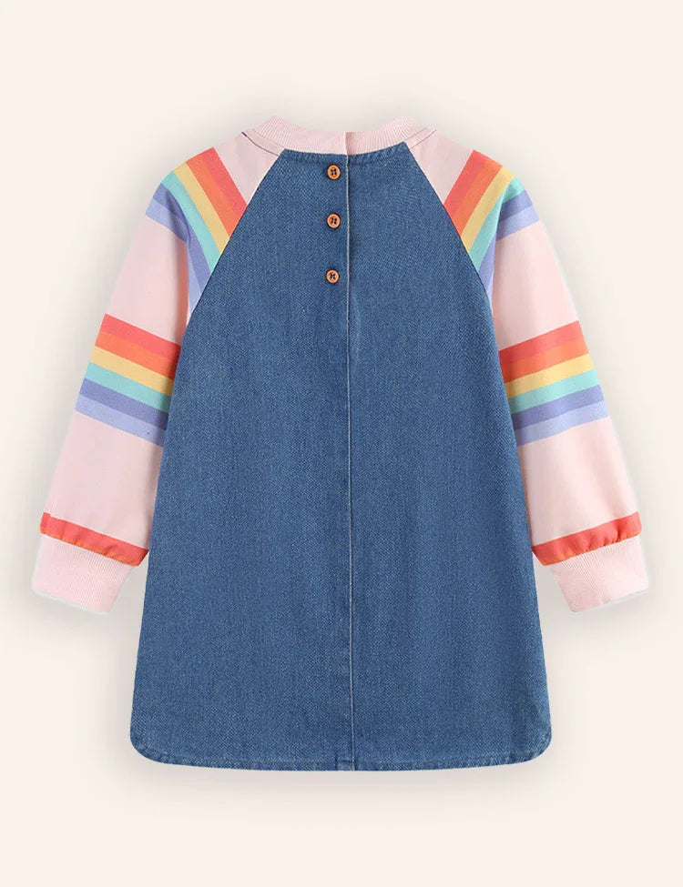 Cute Penguin Embroidered Denim Long-sleeved Dress
