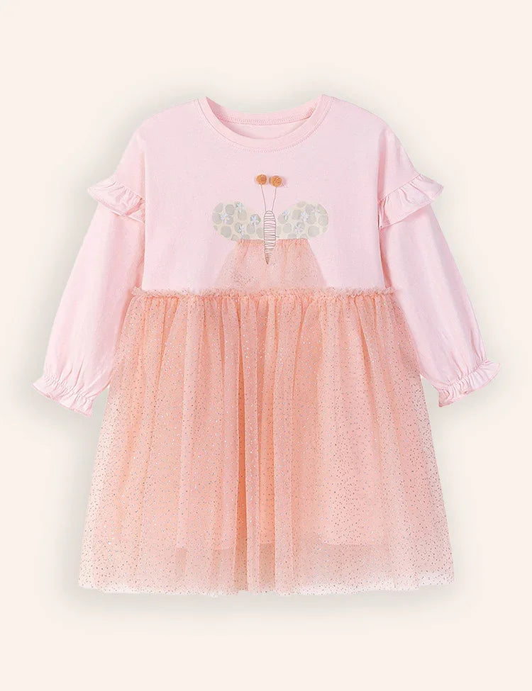 Butterfly Appliqué Long Sleeve Tulle Dress