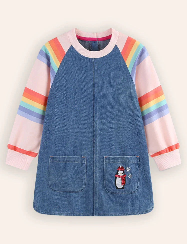 Cute Penguin Embroidered Denim Long-sleeved Dress