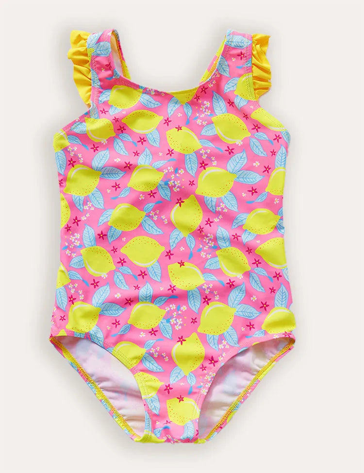 Lemon Print Ruffled Bow One-piece Swimsuit