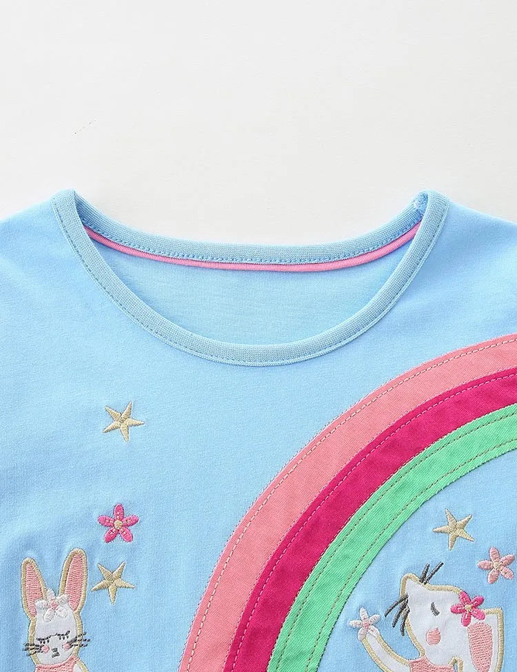 Rainbow Animal Embroidered Long-sleeved Tulle Dress