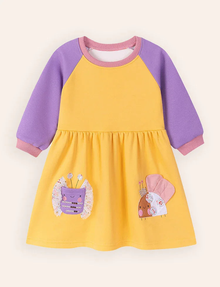 Cute Butterfly Applique Long Sleeve Dress