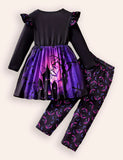 Halloween Black Cat Haunted House Print Dress + Leggings Set
