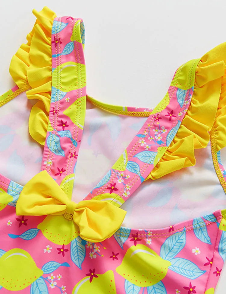 Lemon Print Ruffled Bow One-piece Swimsuit