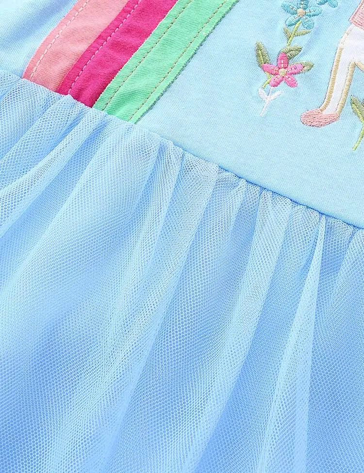 Rainbow Animal Embroidered Long-sleeved Tulle Dress