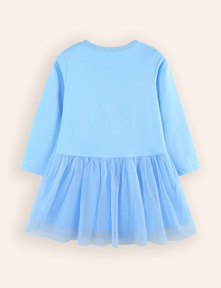 Rainbow Animal Embroidered Long-sleeved Tulle Dress