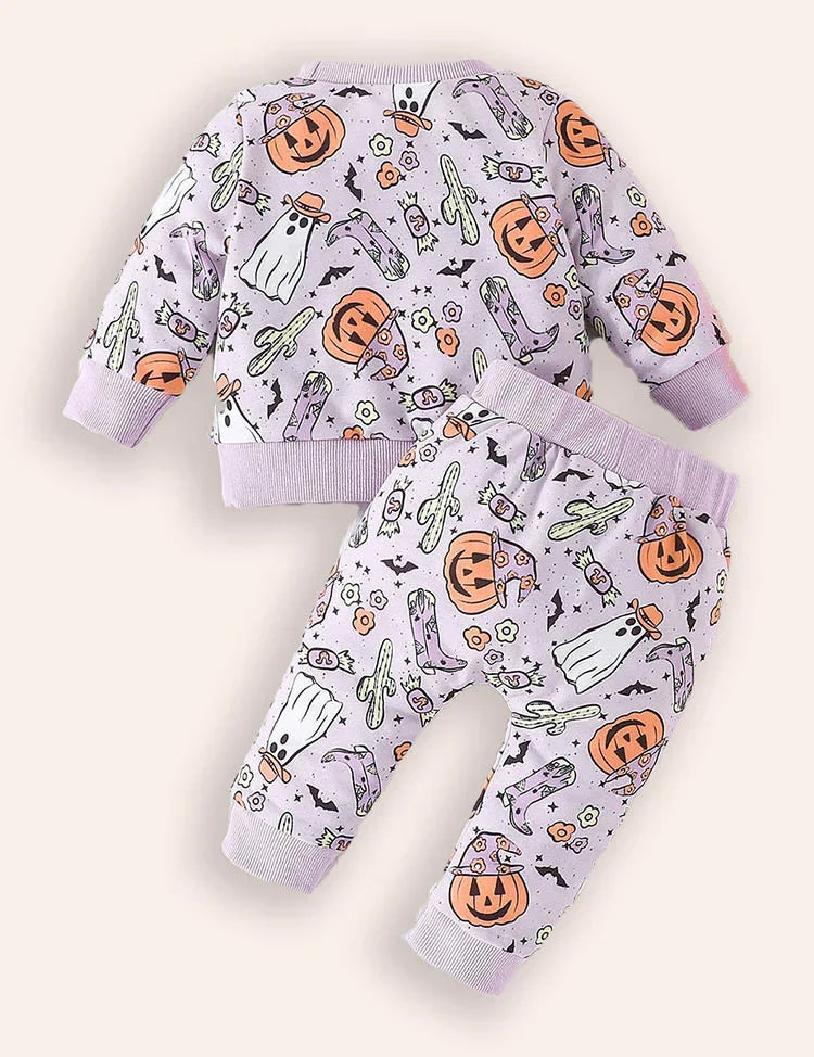 Halloween Pumpkin Print Long-sleeved Sweatshirt + Pants Set