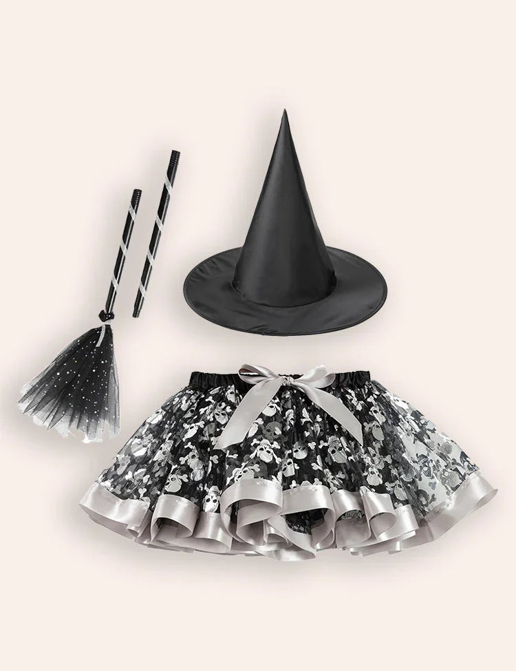 Halloween Printed Tutu Skirt Witch Hat Broom Three-piece Set