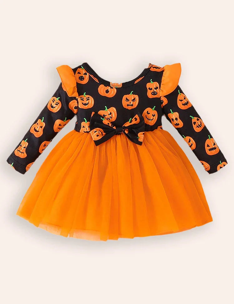 Halloween Pumpkin Long-sleeved Tulle Dress