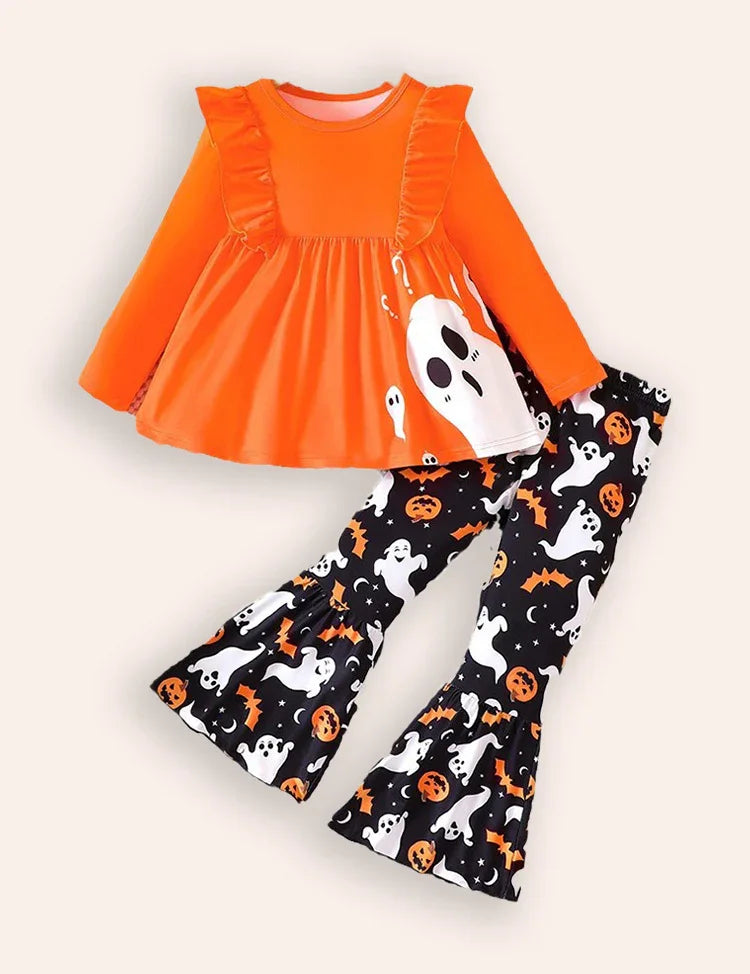 Halloween Ghost Print Top + Flared Pants Set