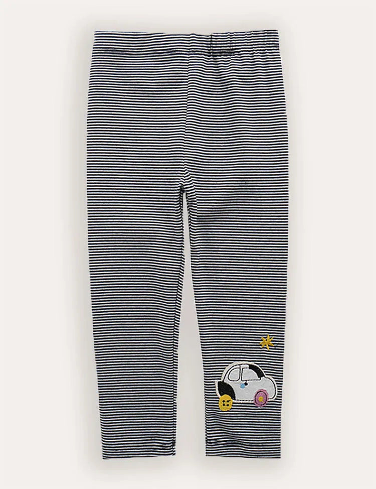 Cotton Car Applique Striped Leggings