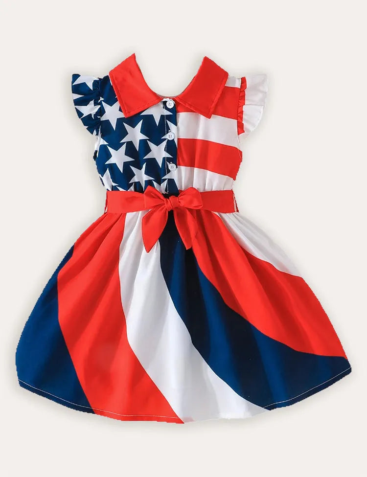 Independence Day Bow Fly-sleeved Dress