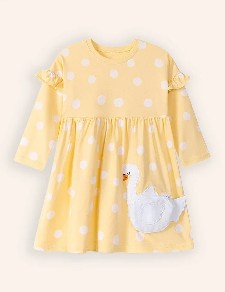 Swan Appliue Bag Long Sleeve Dress