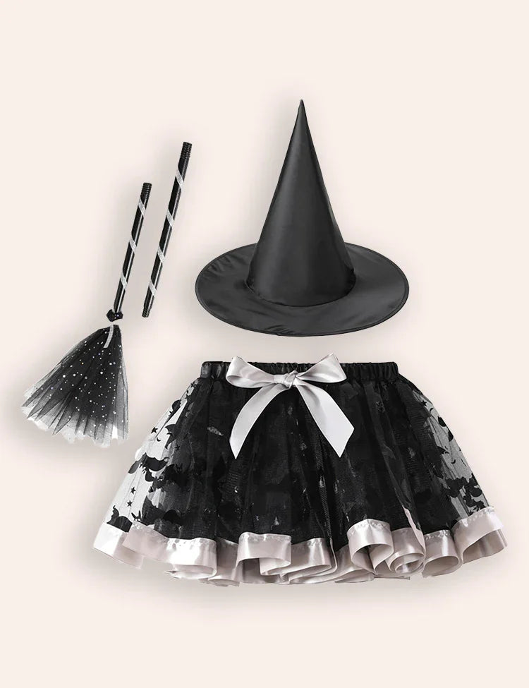 Halloween Printed Tutu Skirt Witch Hat Broom Three-piece Set