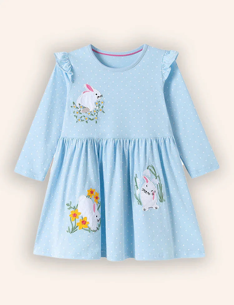 Cute Bunnies Appliqué Long Sleeves Dress