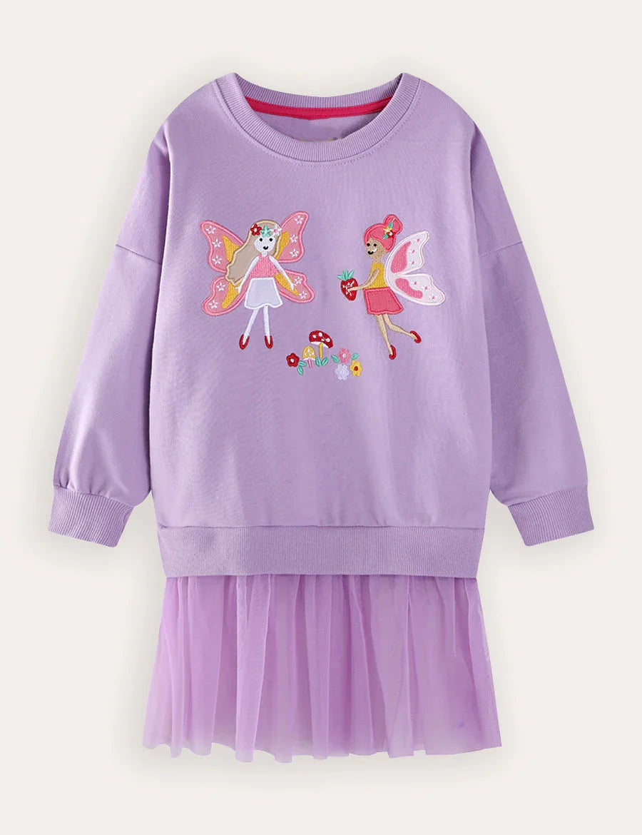 Fairy Embroidered Sweatshirt Tulle Dress