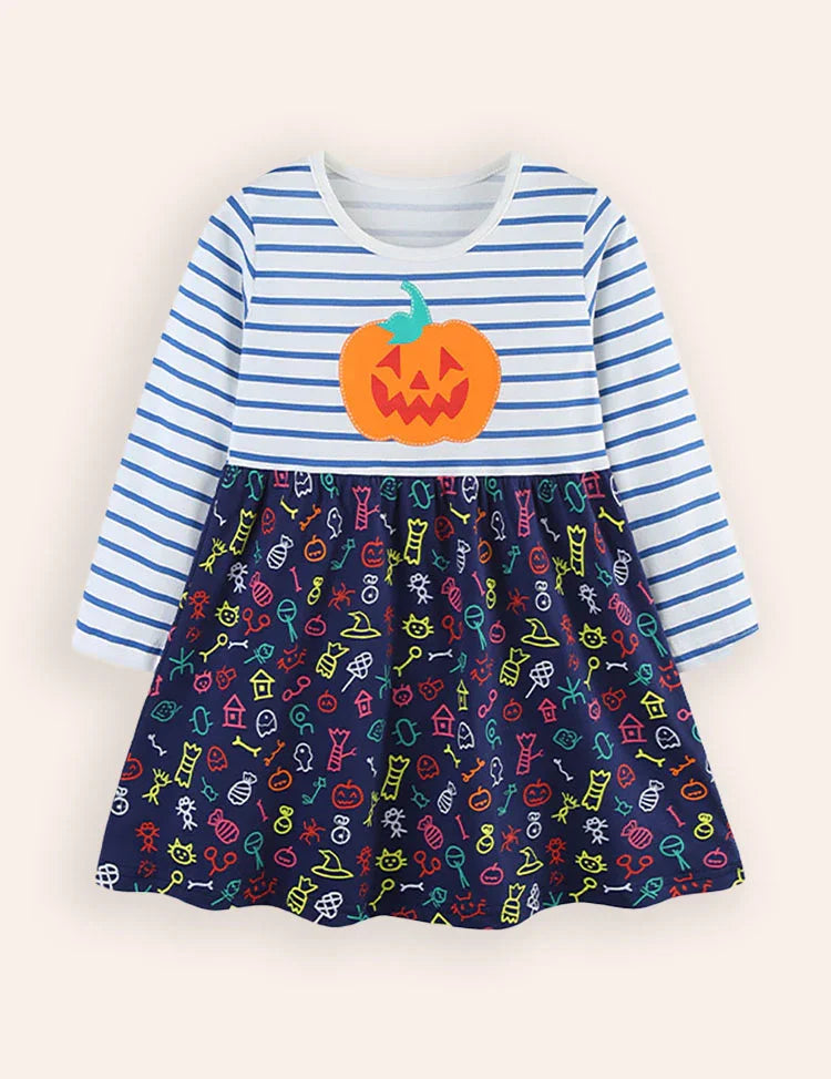 Halloween Pumpkin Appliqué Long Sleeves Dress