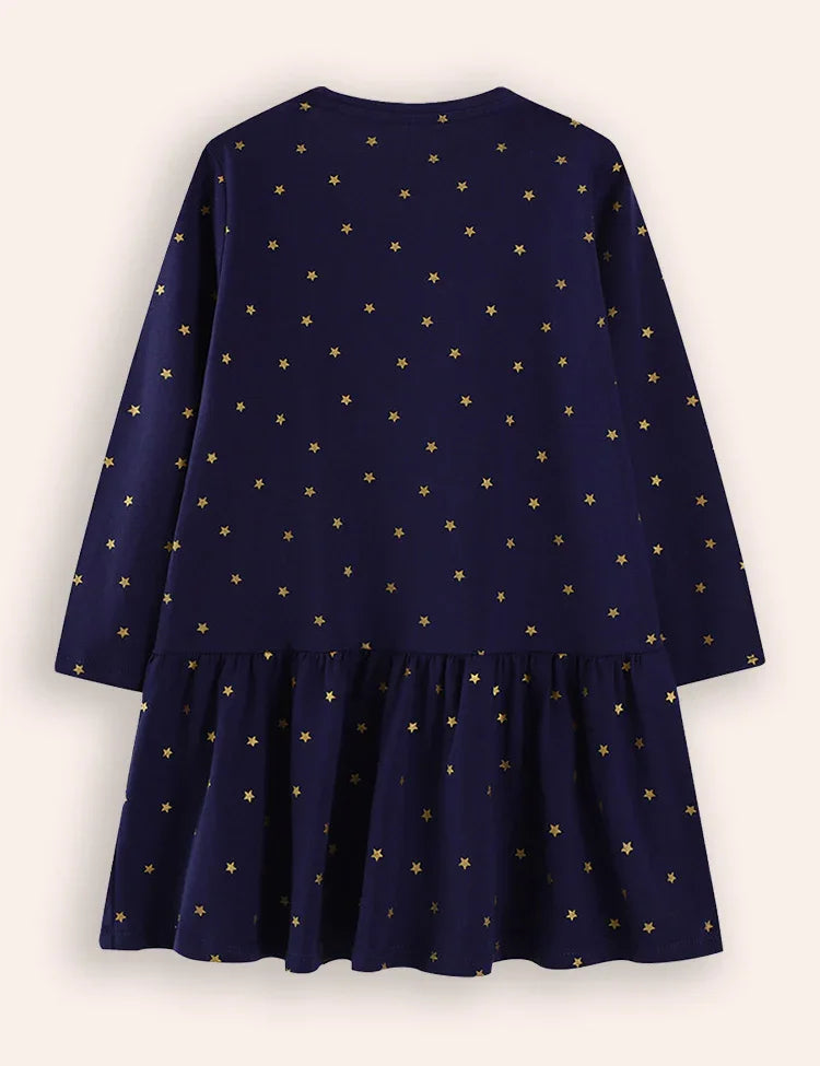 Star Unicorn Applique Long Sleeve Dress