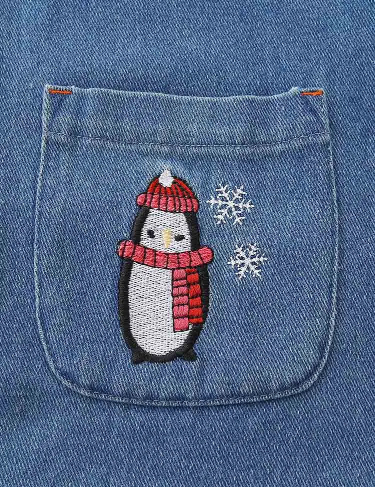 Cute Penguin Embroidered Denim Long-sleeved Dress