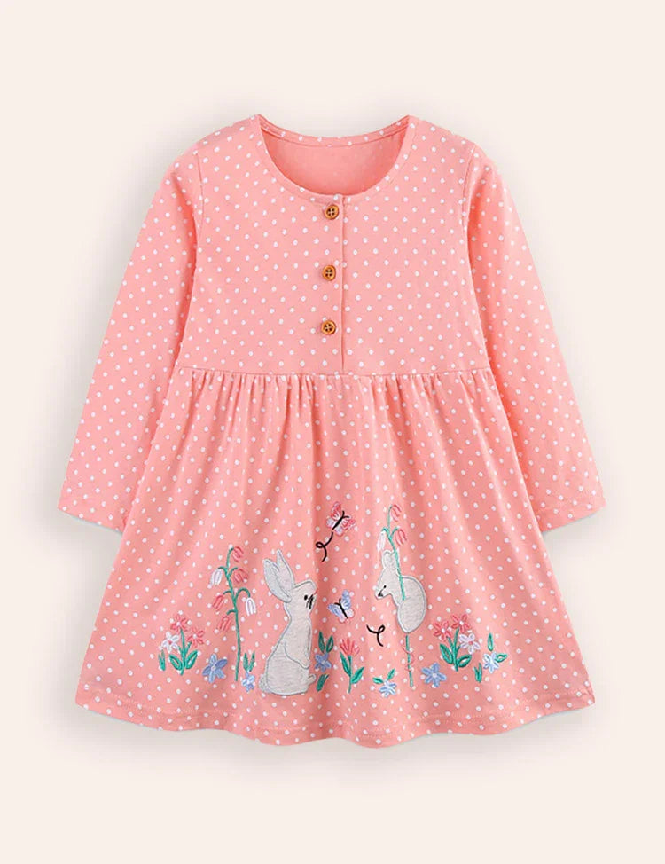 Cute Bunny Applique Long Sleeve Dress
