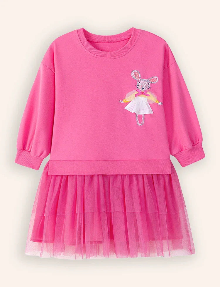 Cute Mouse Applique Long Sleeve Tulle Dress