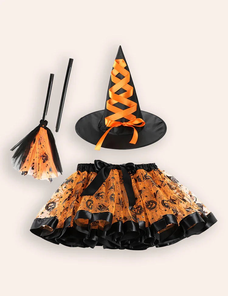 Halloween Printed Tutu Skirt Witch Hat Broom Three-piece Set